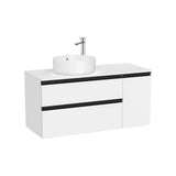 Meuble bas asymétrique 2 tiroirs 1 porte lavabo à poser à gauche dimensions 110 x 46 x 53 cm Roca