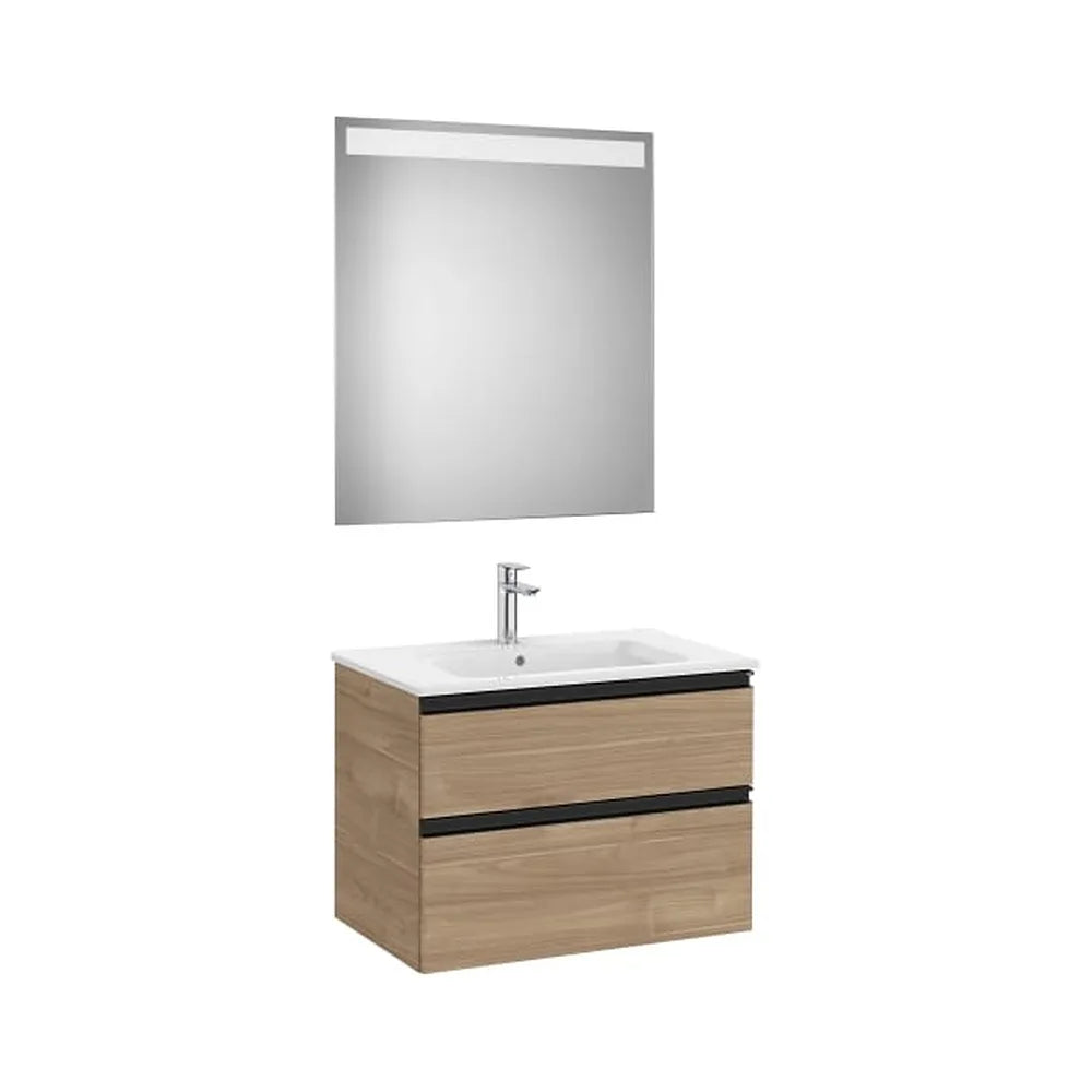 Pack mueble base dos cajones lavabo centrado espejo LED 70x80 cm nogal Roca - Vista 1
