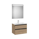 Pack mueble base dos cajones lavabo centrado espejo LED 70x80 cm nogal Roca