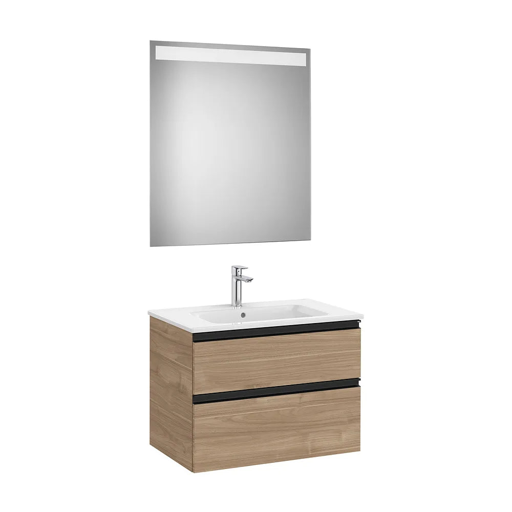 Pack mueble base dos cajones lavabo centrado espejo LED 70x80 cm nogal Roca - Vista 2
