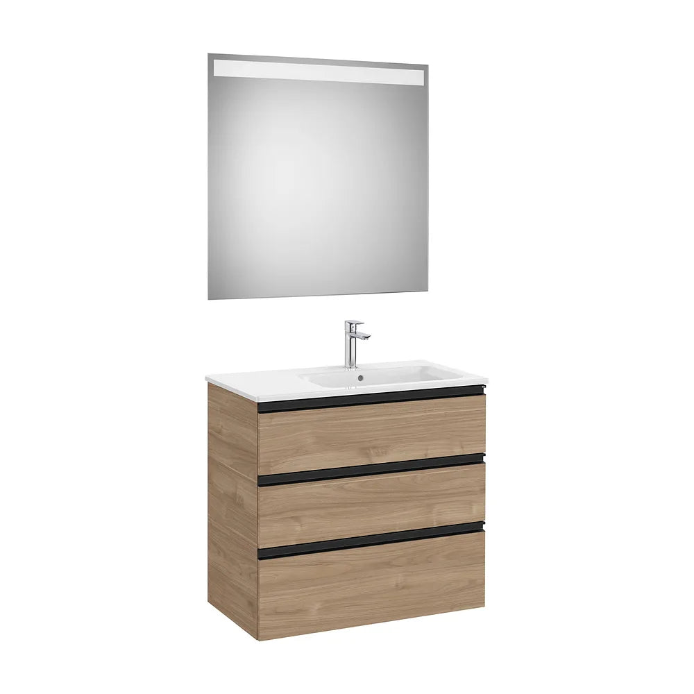 Pack mueble base tres cajones lavabo derecha espejo LED 80x46x76 cm Nogal Roca - Vista 2