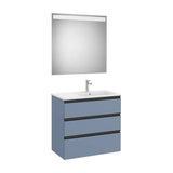 Mobile Bagno Sospeso X 76.3 Cm Tre Cassetti Lavabo con Ripiano a Destra Specchio Led 4000k Blu Opaco Eidos 80.5x46 cm Roca
