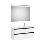 Pack meuble vasque 2 tiroirs vasque déportée à droite miroir LED 100 x 80 cm finition blanc mat Roca