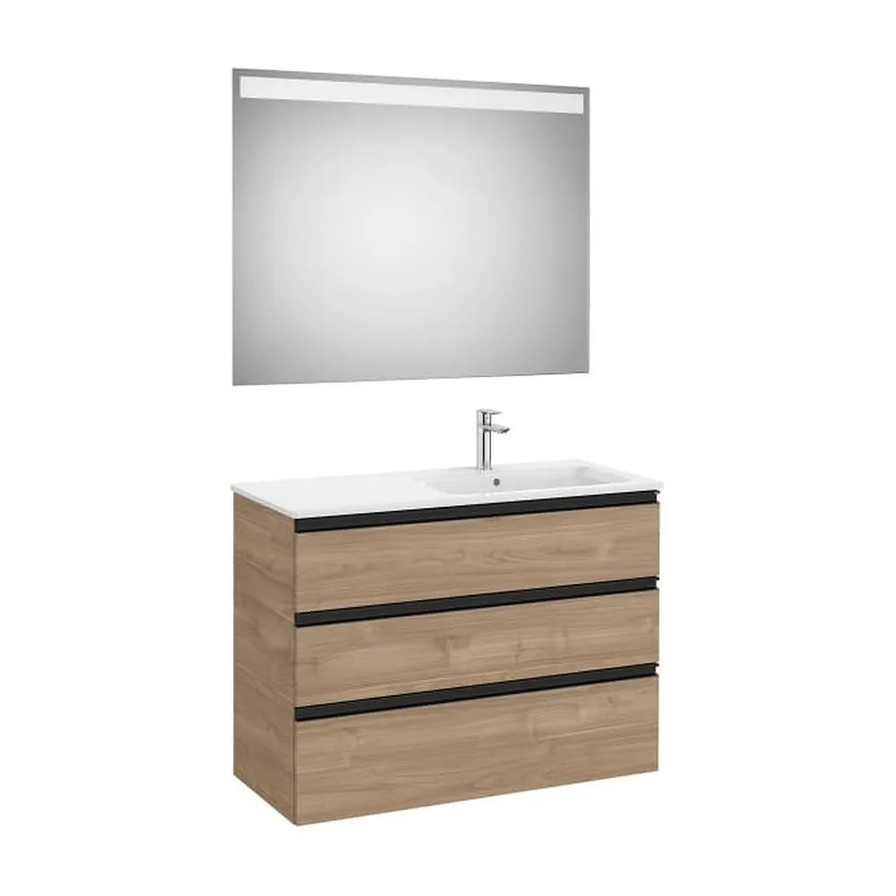 Conjunto mueble base tres cajones lavabo derecha espejo LED 100x46x76 cm Roca - Vista 1