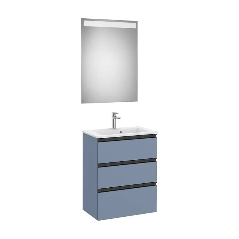 Pack mueble base tres cajones para dos lavabos sobre encimera con espejo LED 60x38x76 cm Roca - Vista 1