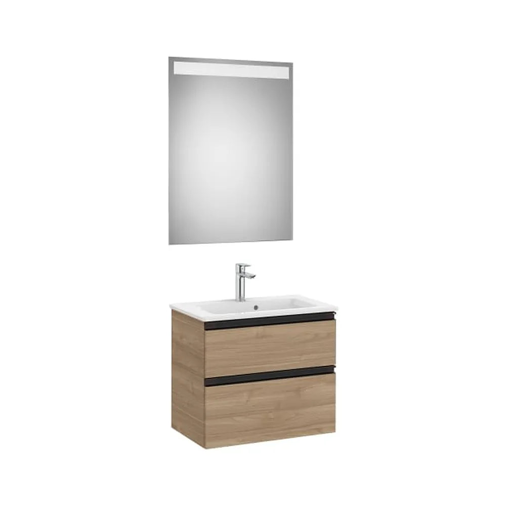 Pack mueble base compacto dos cajones lavabo centrado espejo LED 60x38x54 cm Roca - Vista 1