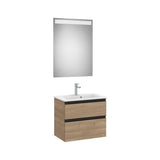 Pack meuble bas compact deux tiroirs avec lavabo centré et miroir LED 60 x 38 x 54 cm finition noyer Roca