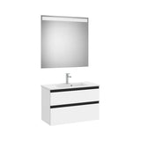 Pack mueble base compacto dos cajones lavabo centrado espejo LED 80x38x54 cm Roca