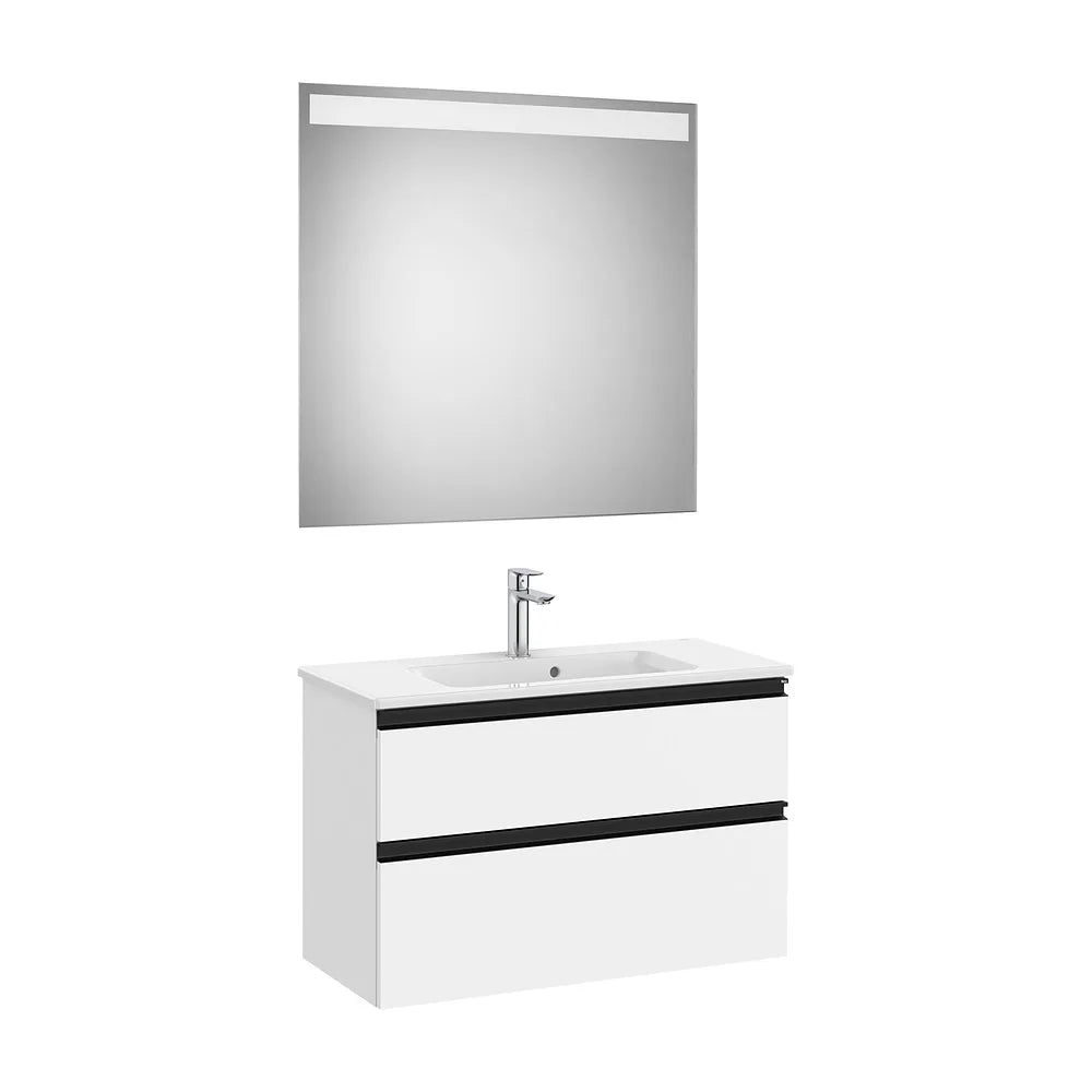 Pack mueble base compacto dos cajones lavabo centrado espejo LED 80x38x54 cm Roca - Vista 2