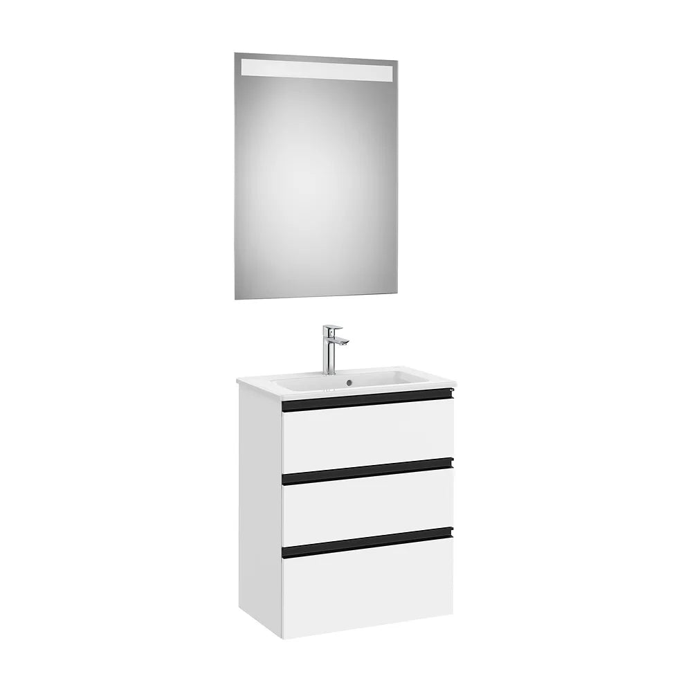 Pack mueble base tres cajones para dos lavabos sobre encimera con espejo LED Eidos Roca - Vista 2