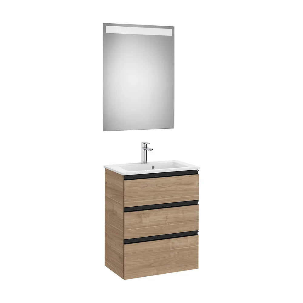 Pack mueble base tres cajones para dos lavabos sobre encimera espejo LED Eidos Roca - Vista 2