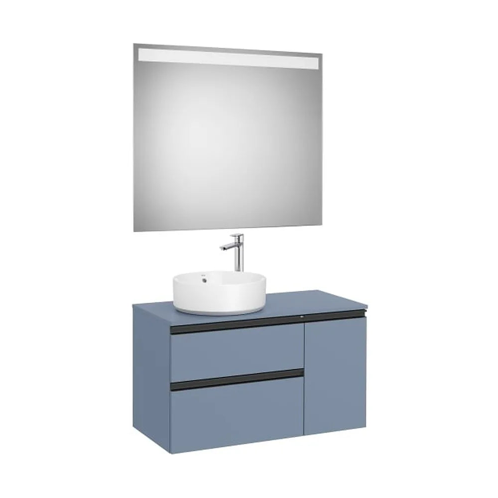 Pack mueble base asimétrico dos cajones puerta lavabo sobre encimera izquierda espejo LED 90x46x54 cm Roca - Vista 1