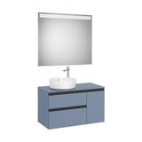 Meuble sous vasque asymétrique 90 x 46 x 54 cm deux tiroirs et une porte vasque à gauche avec miroir LED Roca
