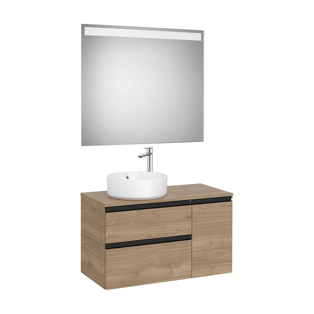 Mueble Base Asimétrico 2 Cajones Una Puerta Lavabo Sobre Encimera Izquierda Espejo Led Colección Eidos Roca - Vista 2