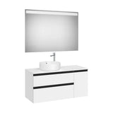 Pack mueble base asimétrico dos cajones una puerta lavabo sobre encimera izquierda espejo LED Eidos Roca