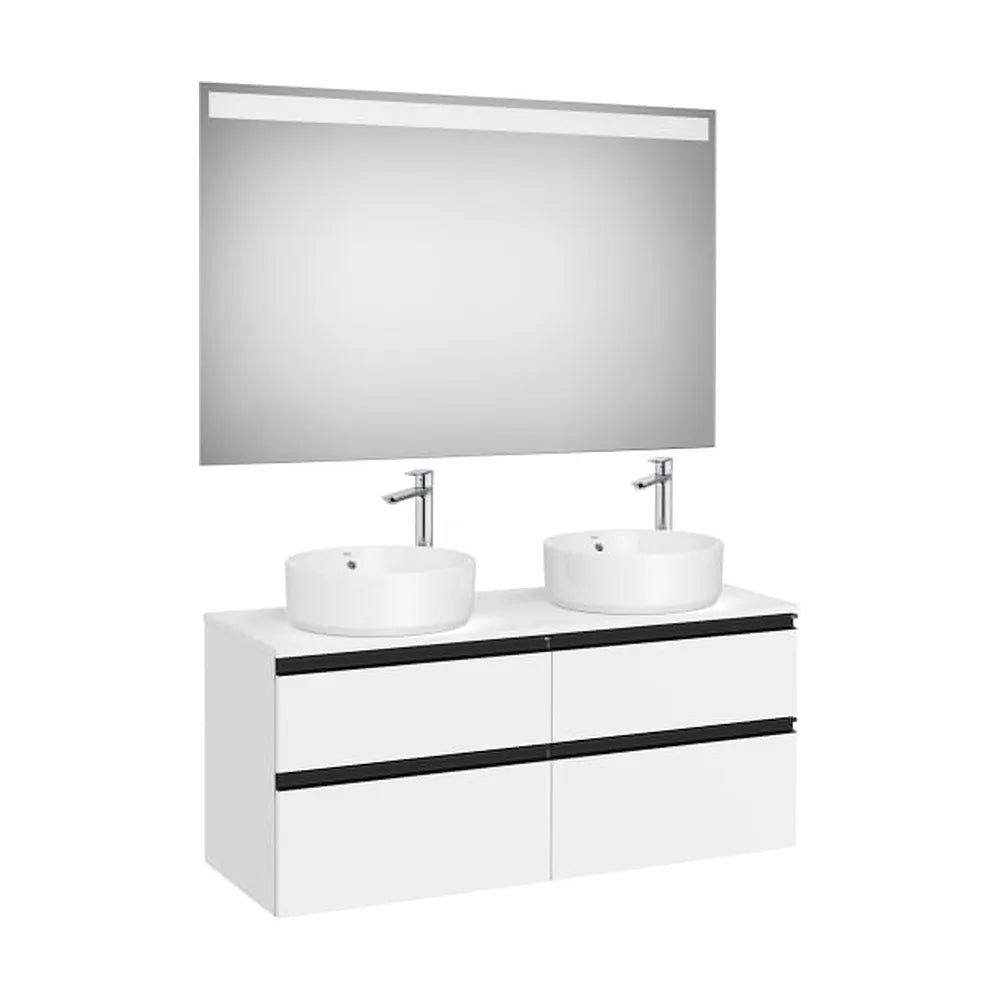 Pack mueble base cuatro cajones para dos lavabos sobre encimera con espejo LED Roca - Vista 1