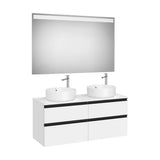Pack mueble base cuatro cajones para dos lavabos sobre encimera con espejo LED Roca