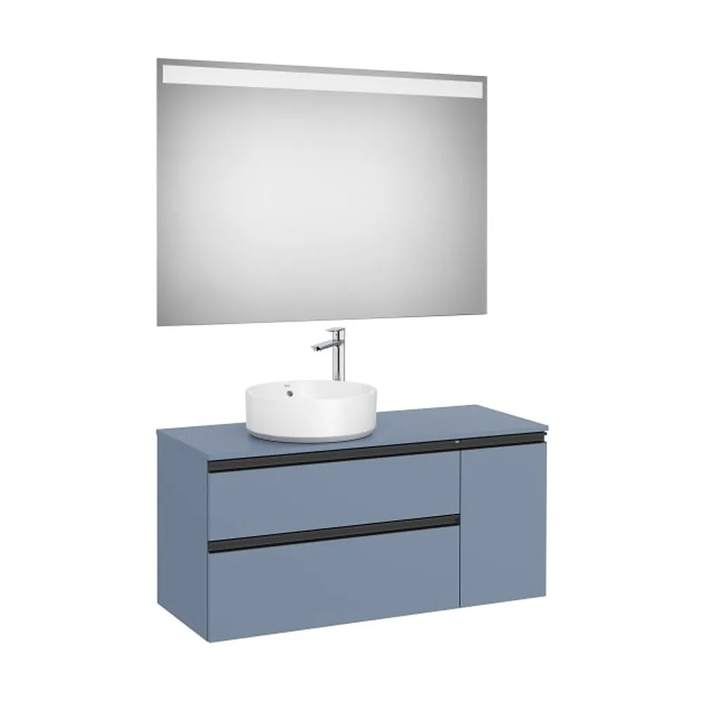 Pack mueble base asimétrico dos cajones una puerta lavabo sobre encimera izquierda espejo LED Eidos Roca - Vista 1