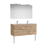 Pack mueble base cuatro cajones lavabo doble espejo dos apliques LED nogal Roca