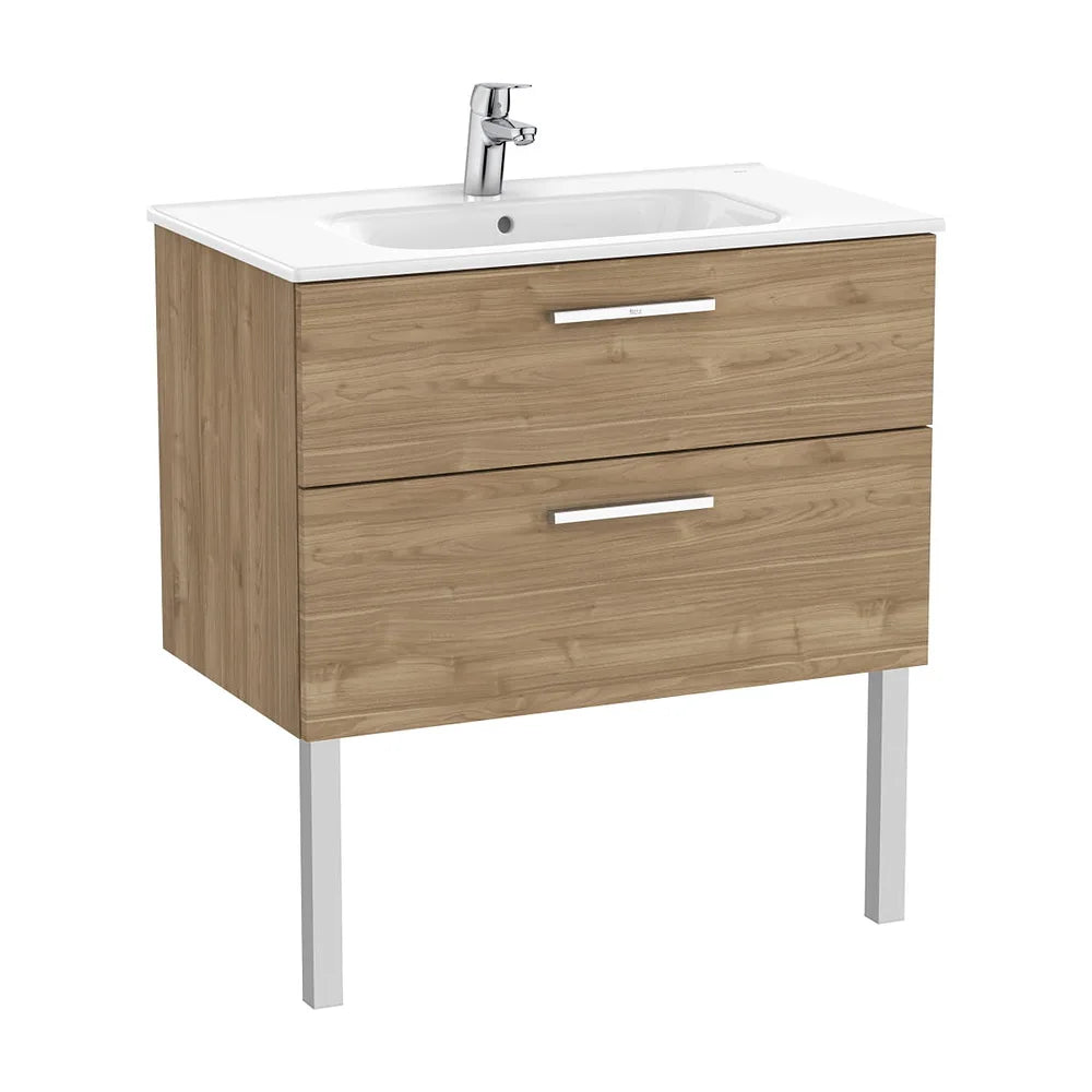 Mueble Base Suspendido con 2 Cajones y Lavabo Porcelana Nogal 80x45x52cm Roca - Vista 2