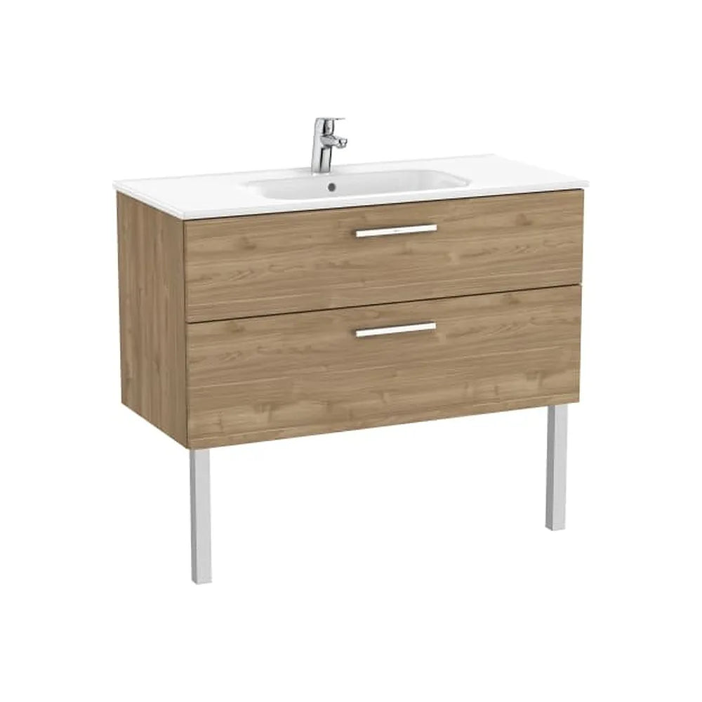Mueble base suspendido dos cajones con lavabo porcelana nogal 100x45x52 cm Roca - Vista 1