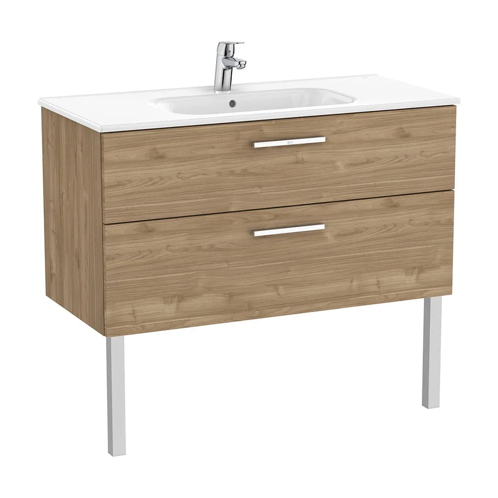 Mueble base suspendido dos cajones con lavabo porcelana nogal 100x45x52 cm Roca - Vista 2