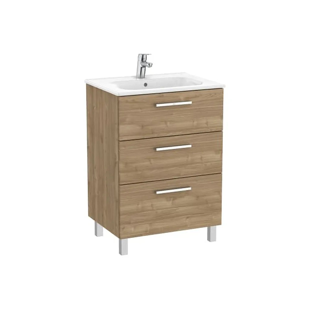 Mueble base suspendido con tres cajones y lavabo porcelana nogal 60x45x74 cm Roca - Vista 1