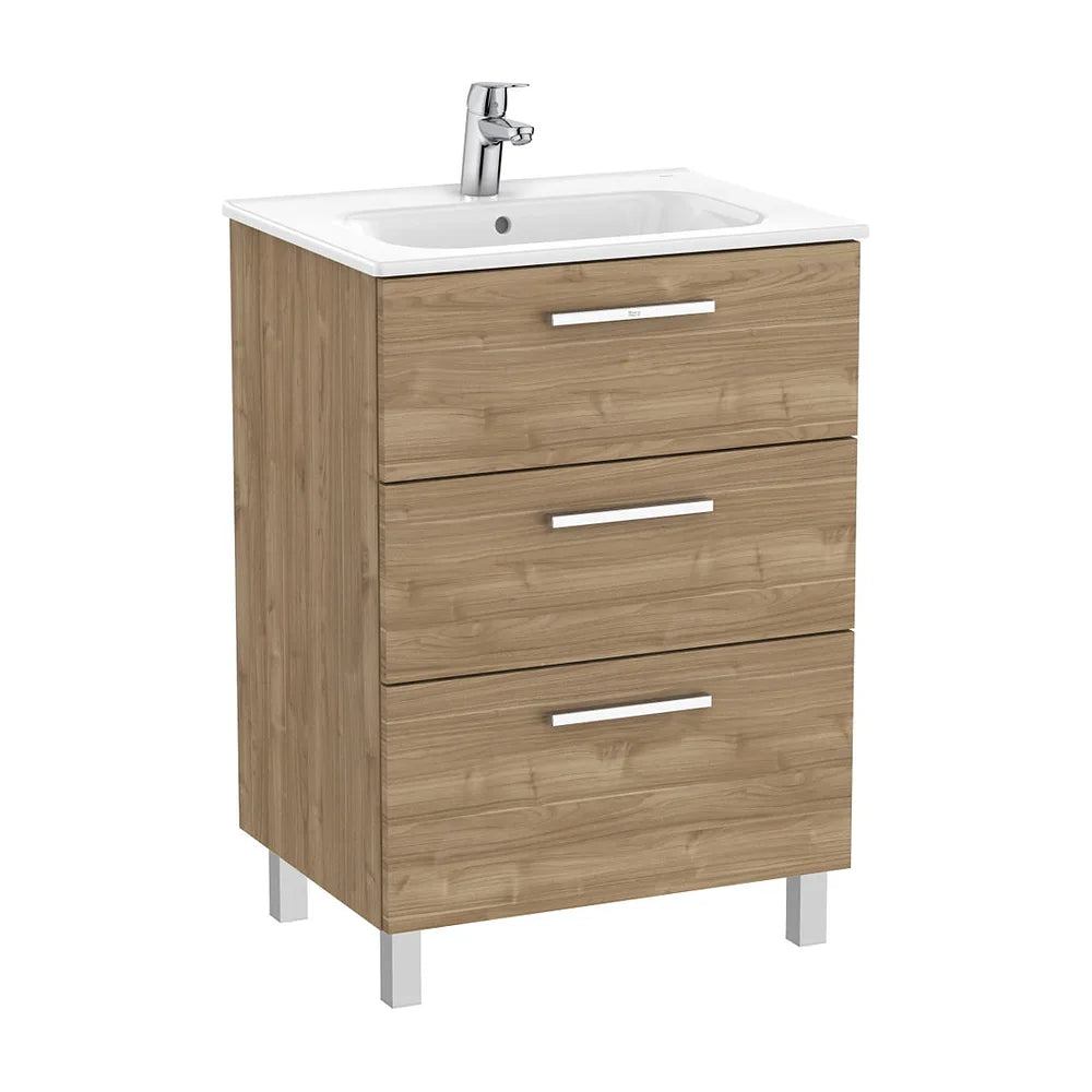 Mueble base suspendido con tres cajones y lavabo porcelana nogal 60x45x74 cm Roca - Vista 2