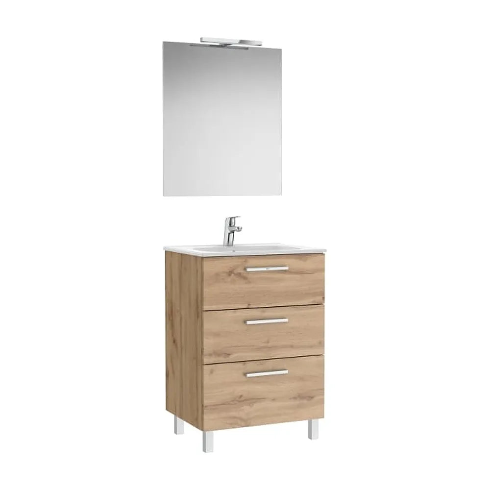 Pack Family mueble base tres cajones lavabo porcelana espejo aplique LED nogal Roca - Vista 1