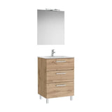 Pack complet meuble bas suspendu trois tiroirs lavabo en porcelaine miroir avec applique LED 7W 4000K finition noyer Roca