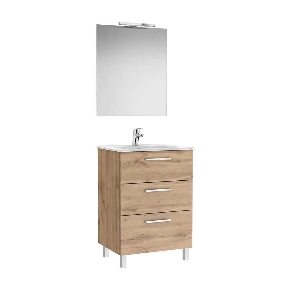 Pack Family mueble base tres cajones lavabo porcelana espejo aplique LED nogal Roca - Vista 2