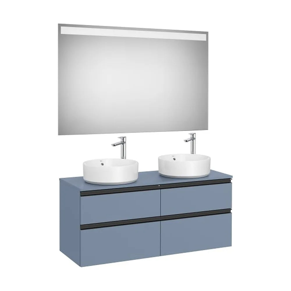 Pack mueble base cuatro cajones para dos lavabos sobre encimera espejo LED 120x46x53 cm Roca - Vista 1