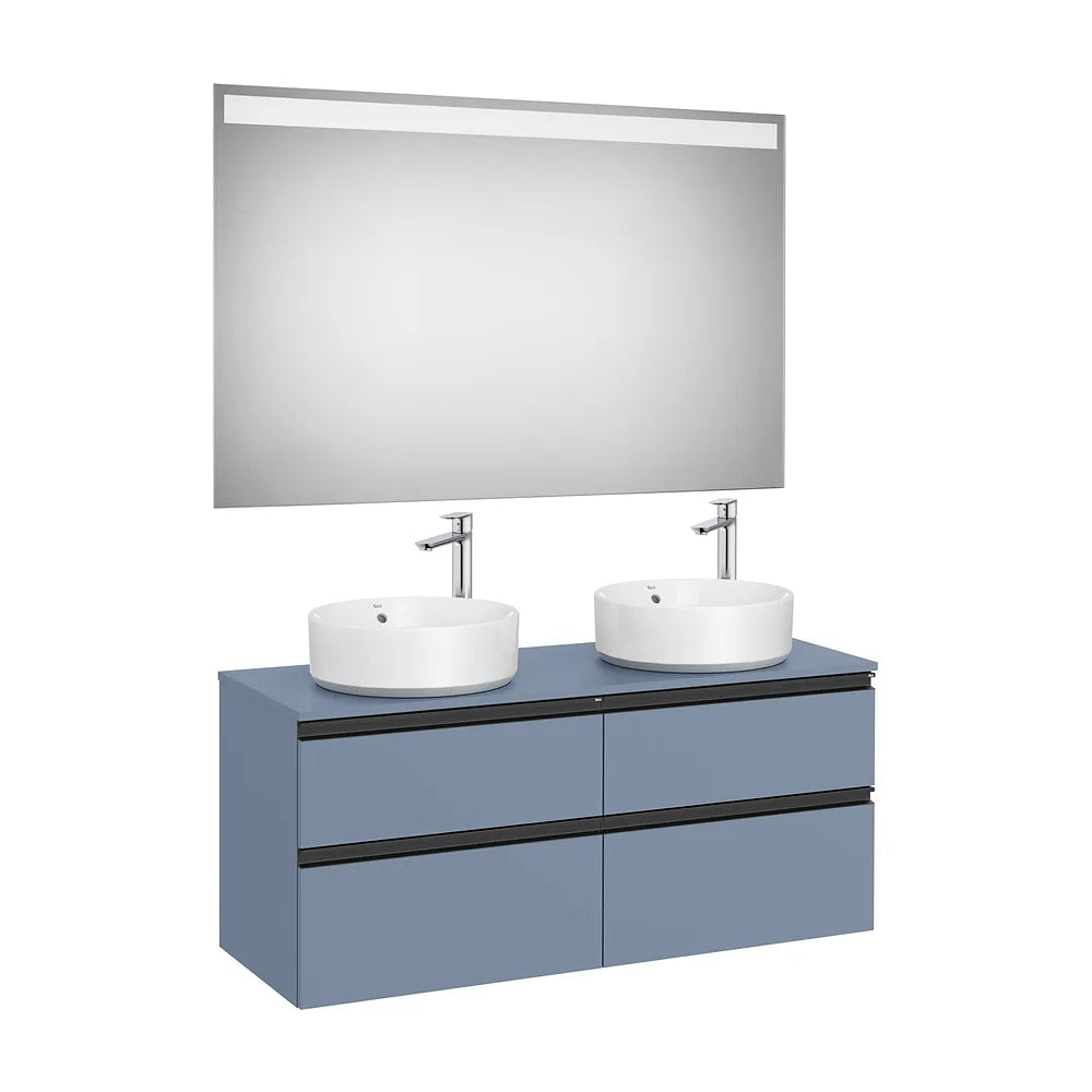 Pack mueble base cuatro cajones para dos lavabos sobre encimera espejo LED 120x46x53 cm Roca - Vista 2
