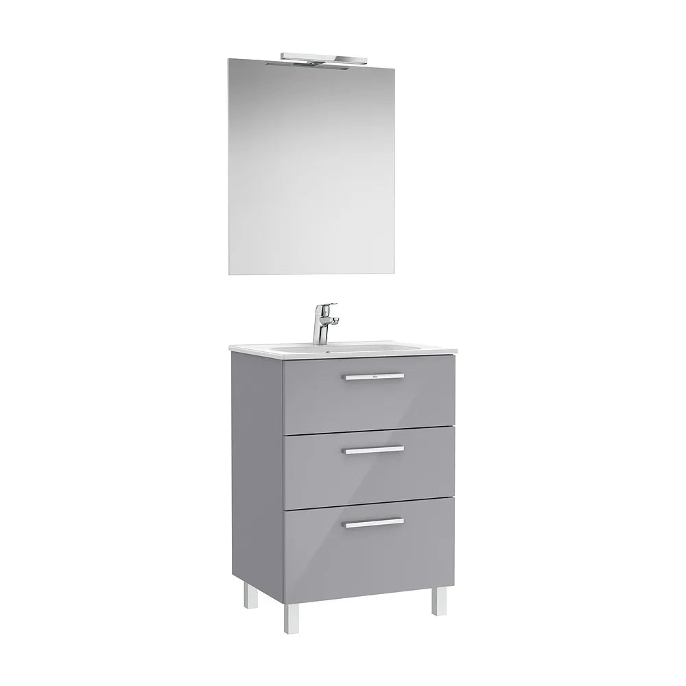 Pack Family mueble base tres cajones lavabo porcelana espejo aplique LED gris brillo Roca - Vista 2