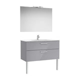 Pack mueble base dos cajones lavabo porcelana espejo aplique LED 1005x453x513 mm Roca
