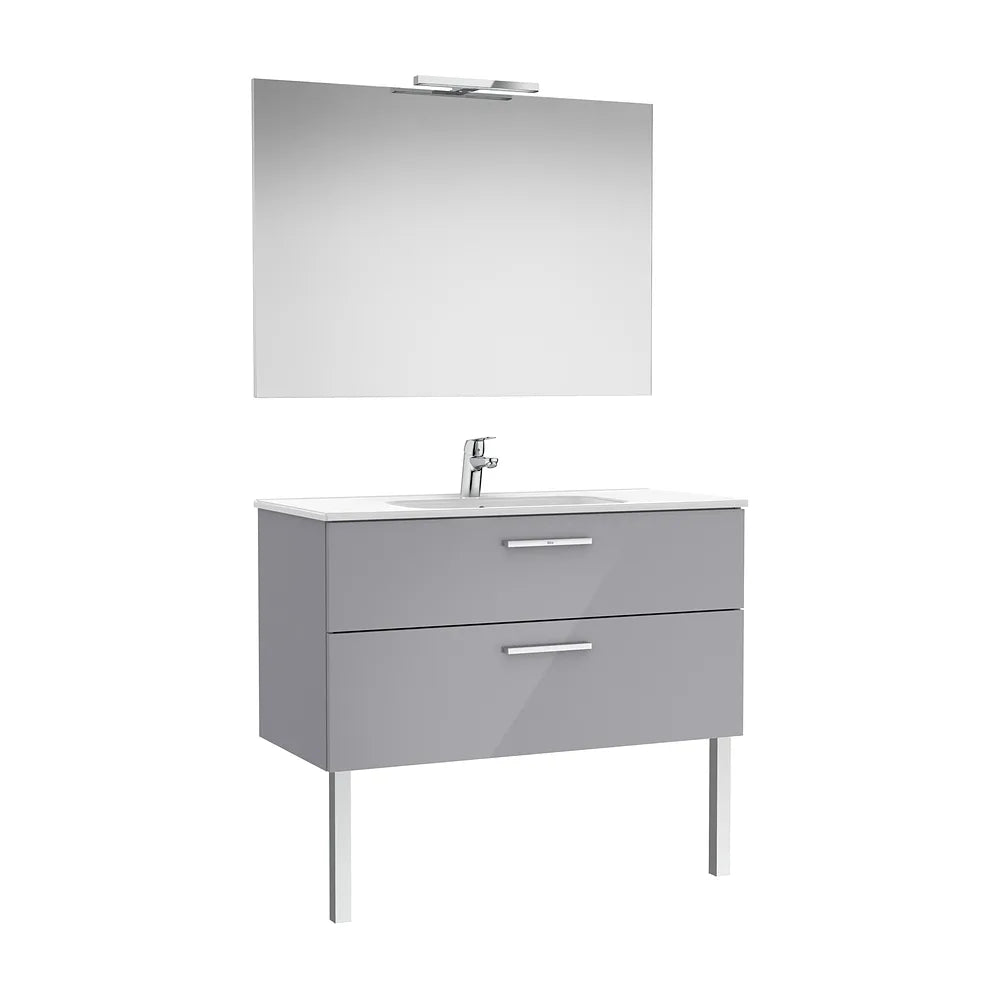 Pack mueble base dos cajones lavabo porcelana espejo aplique LED 1005x453x513 mm Roca - Vista 2