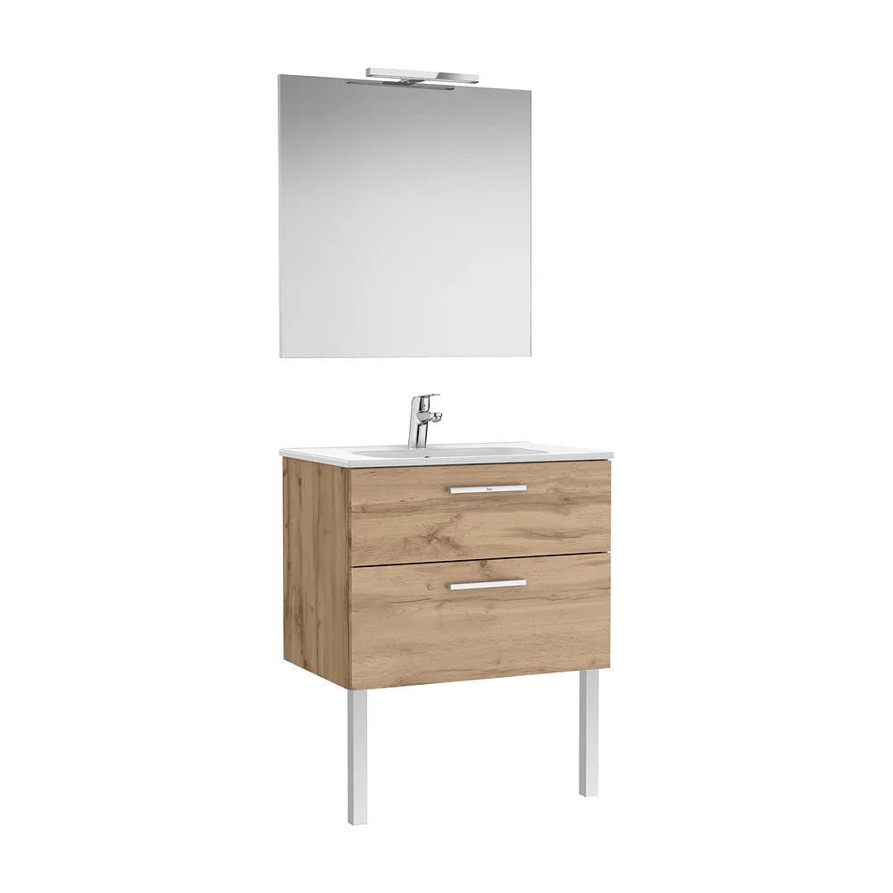 Pack mueble base dos cajones lavabo porcelana espejo aplique LED 705x45x51 cm Roca - Vista 2