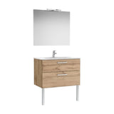 Pack mueble base dos cajones lavabo porcelana espejo aplique LED Starlight nogal Roca