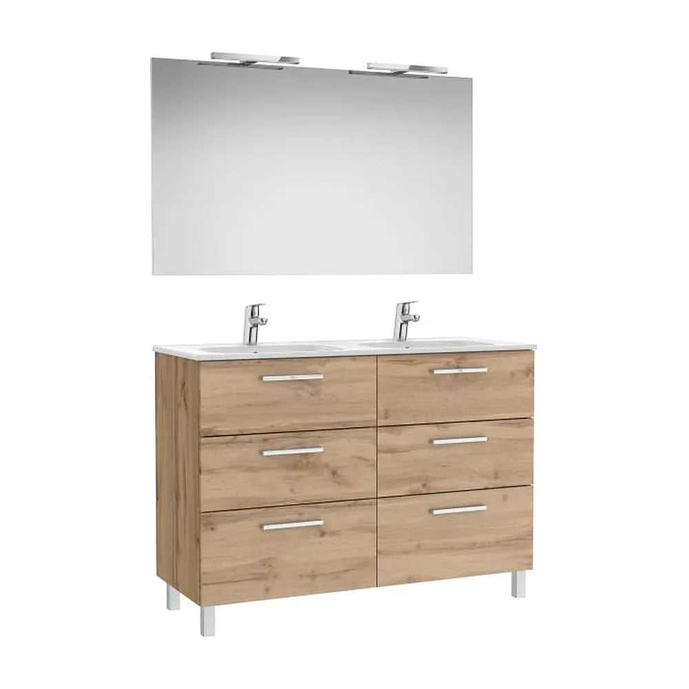Pack mueble base seis cajones lavabo doble espejo apliques LED Starlight 119x45x74 cm Roca - Vista 1