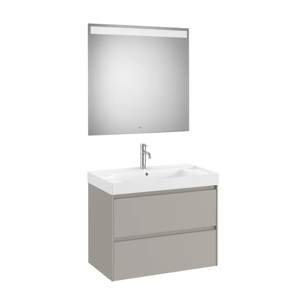 Pack mueble base dos cajones lavabo centrado Fineceramic espejo LED Eidos Roca - Vista 1