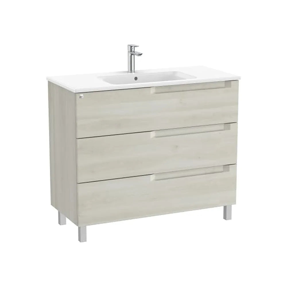 Mueble base suspendido con tres cajones lavabo centrado y espejo con luz led Roca - Vista 1