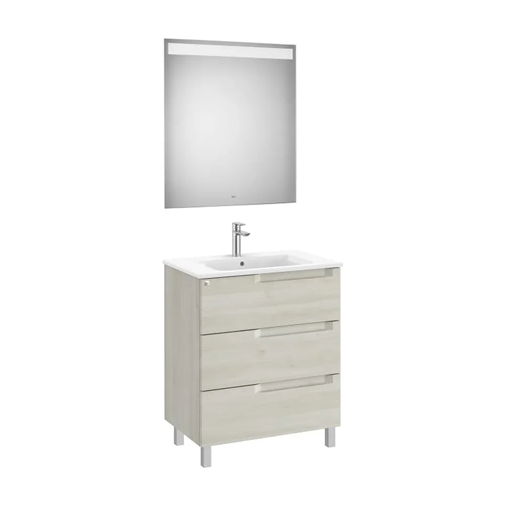Pack mueble base tres cajones lavabo centrado espejo luz LED blanco Roca - Vista 1