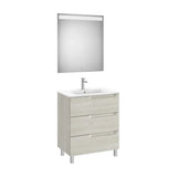 Pack mueble base tres cajones lavabo centrado espejo luz LED blanco Roca