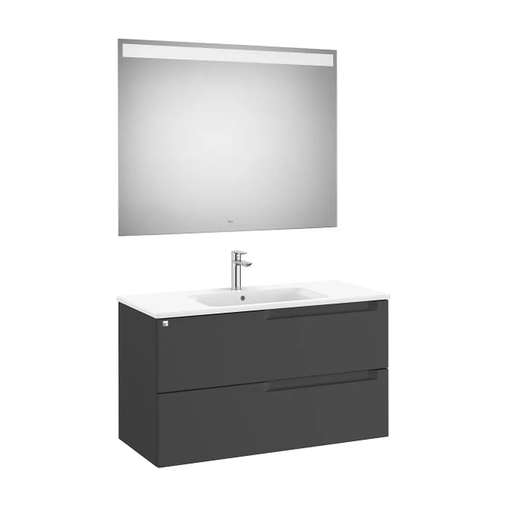 Pack mueble base dos cajones lavabo centrado espejo luz LED 100x46x56 cm Roca - Vista 1