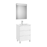 Pack mueble base tres cajones lavabo centrado espejo luz LED 60x46x85 cm Roca