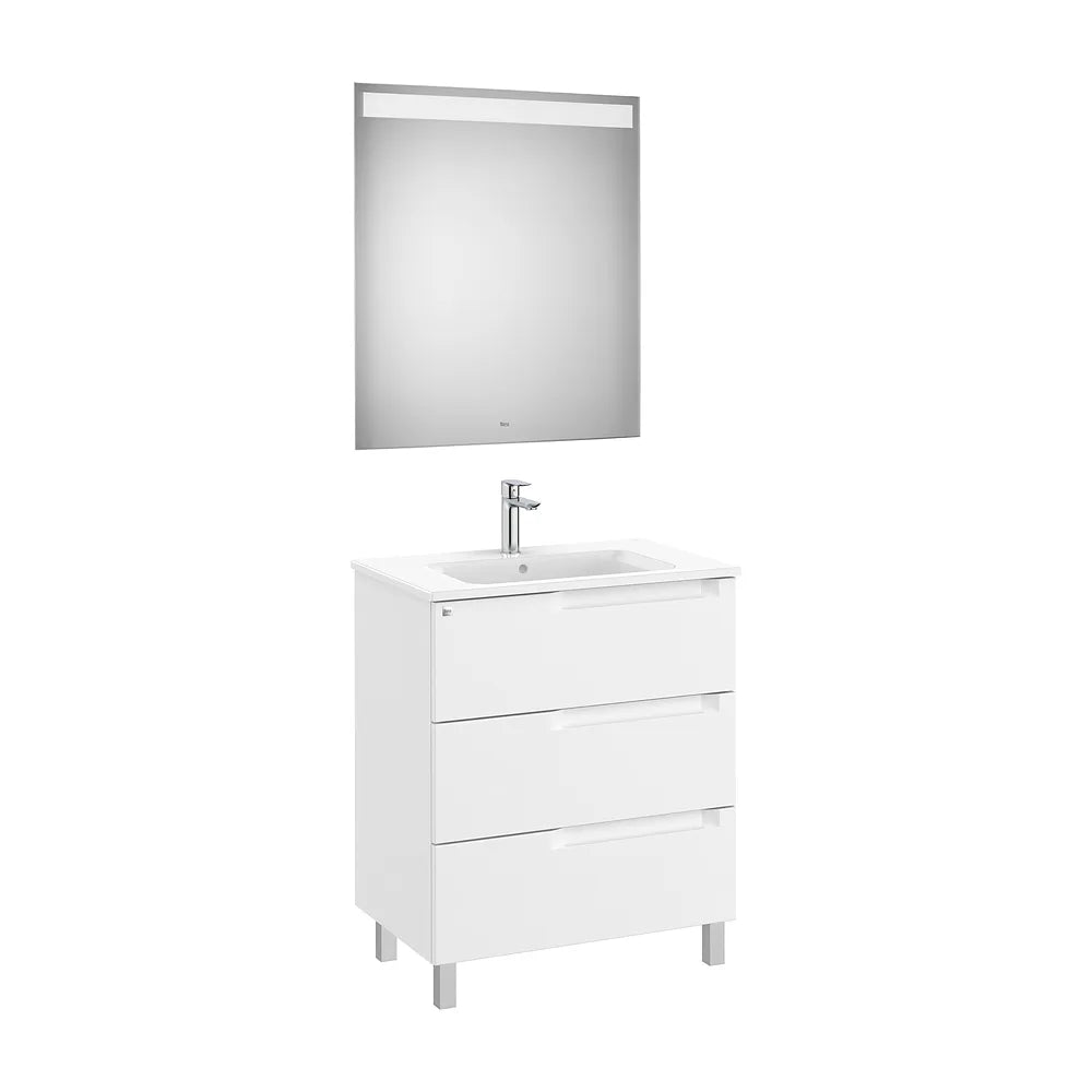 Pack mueble base tres cajones lavabo centrado espejo luz LED blanco mate Roca - Vista 2