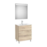 Pack mueble base tres cajones lavabo centrado espejo luz LED beige madera Roca