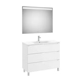 Pack mueble base tres cajones lavabo centrado espejo luz LED 100x46x74 cm Roca