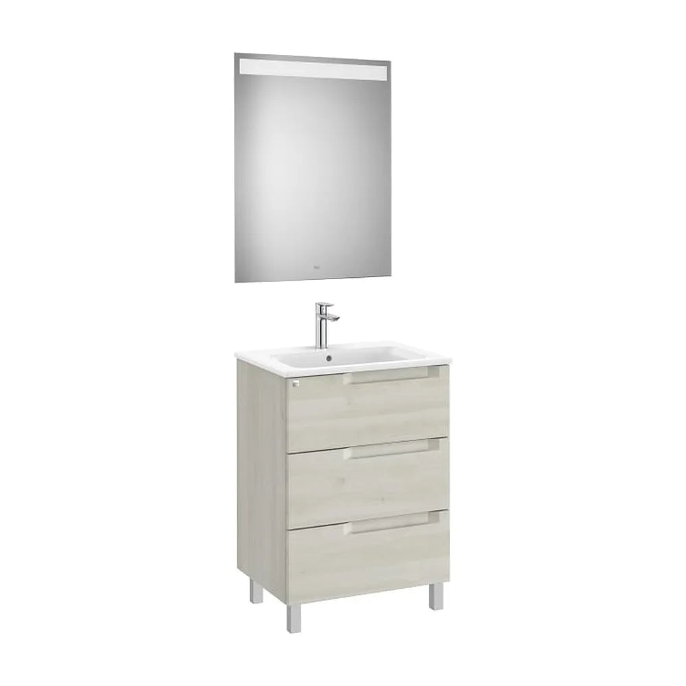 Pack mueble base tres cajones lavabo centrado espejo luz LED 60x46x85 cm Roca - Vista 1