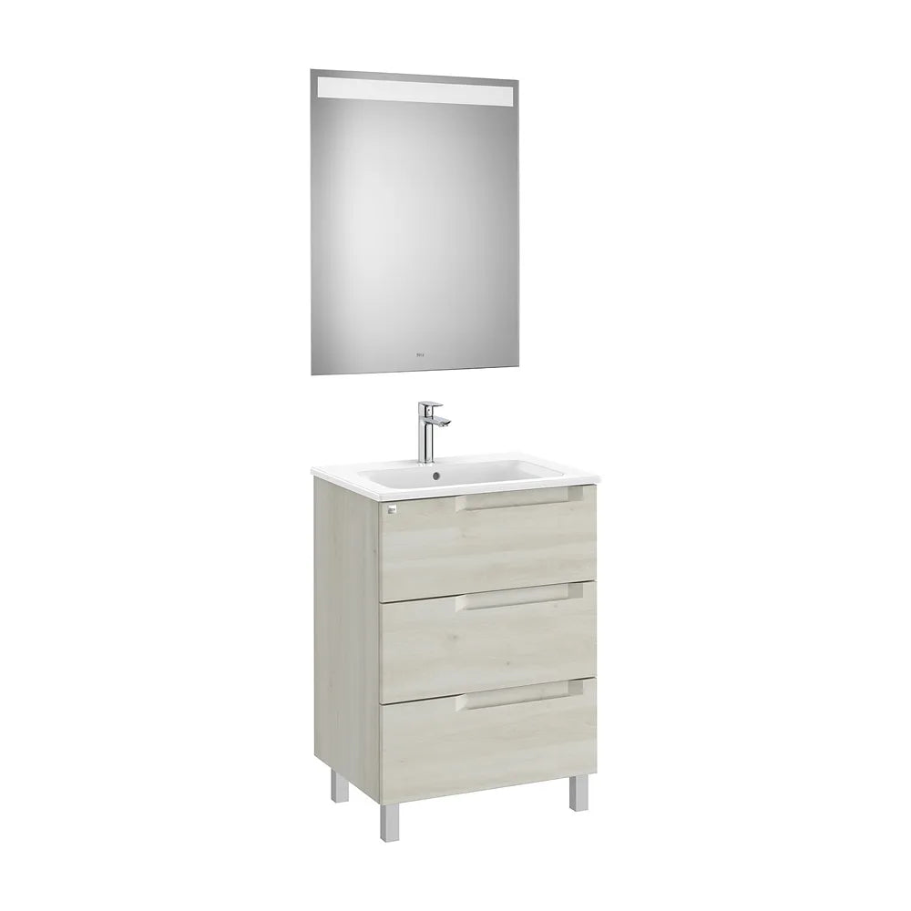 Pack mueble base tres cajones lavabo centrado espejo luz LED 60x46x85 cm Roca - Vista 2